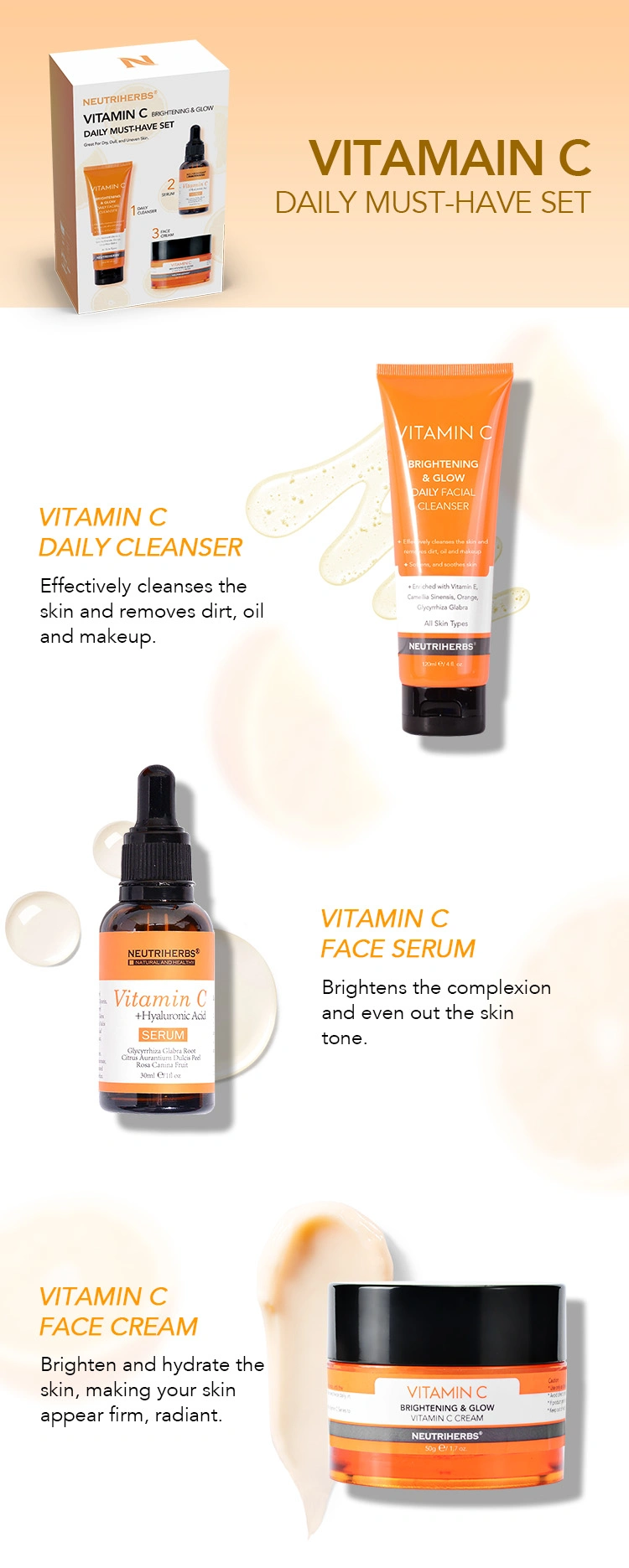 Hot Sale Skin Care OEM Vitamin C for Dark Spots Antioxidant Glowing Face Serum Skin Set